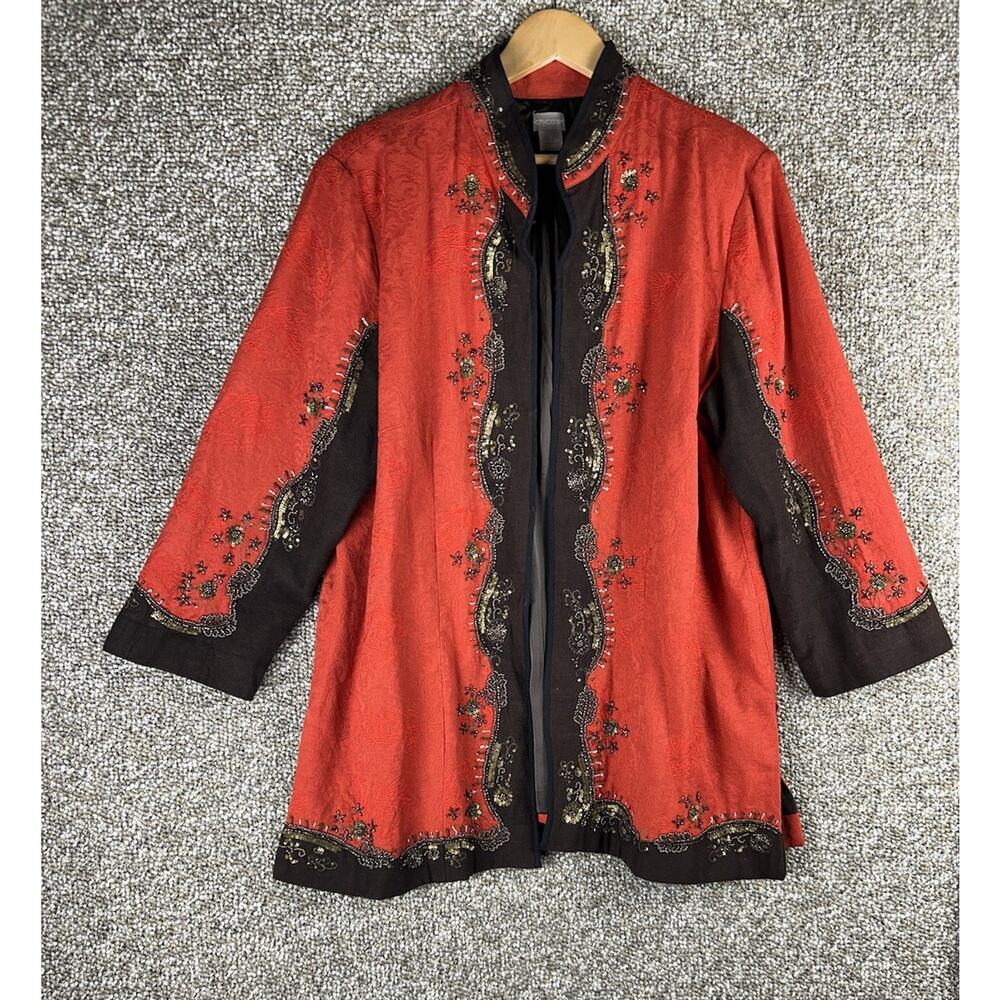 Chicos Sz 3 Women's Red Orange Brown Beaded Bohemian Artisan Beaded Jacket 16/18
